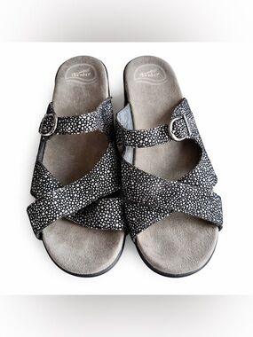 Dansko Sophie Wedge Sandals Black White Leather Comfort Slip On 7.5 8